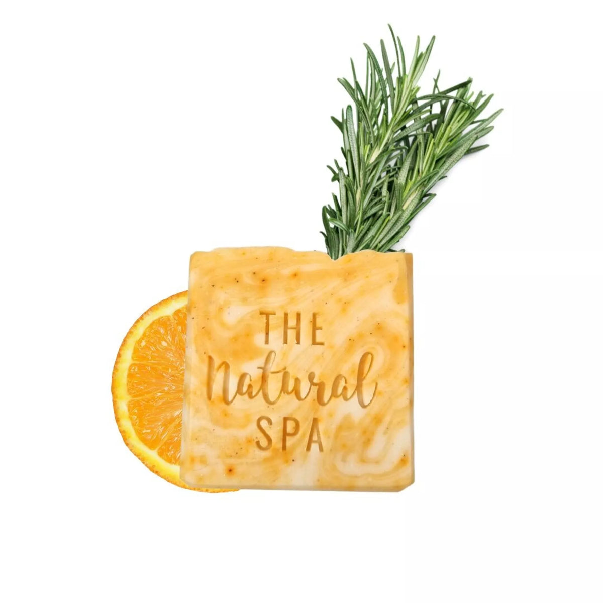 natural spa cold process soap bar - rosemary clementine - with a slice of clementine and a spring of rosemary