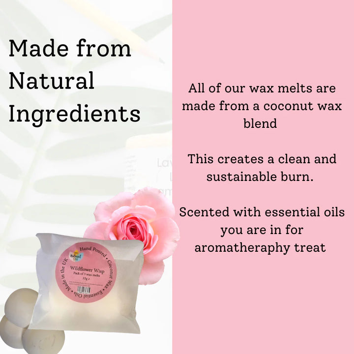 Wax melts with a pink rose and text about natural ingredients and aromatherapy.
