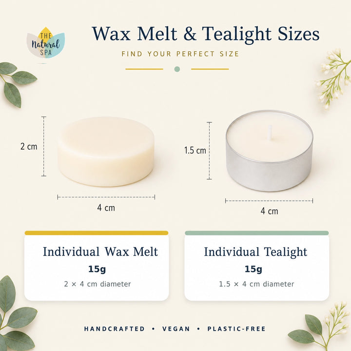 Size comparison graphic for natural spa wax melt and tealight candles. It shows a round cream-coloured wax melt labeled as 4 cm by 4 cm, 2 cm tall, and a silver tea light candle labeled as 4 cm by 4 cm, 1.