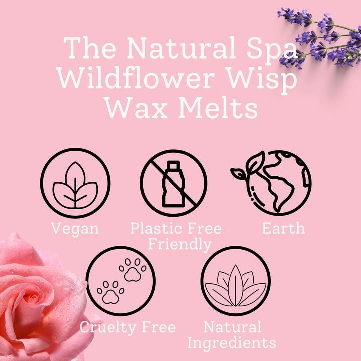 Promotional graphic for natural spa wildflower wisp wax melts with icons and text on a pink background.