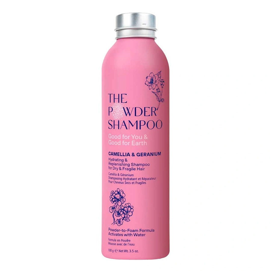 the powder shampoo hydrating and replenishing shampoo for dry and fragile hair in a pink aluminium bottle
