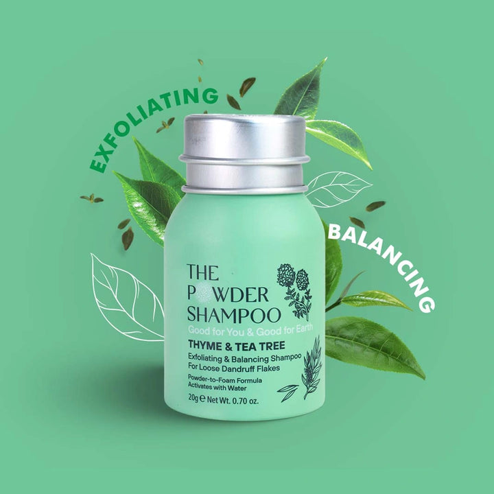 aluminium bottle of exfoliating and balancing thyme and tea tree powder shampoo 20g travel size bottle