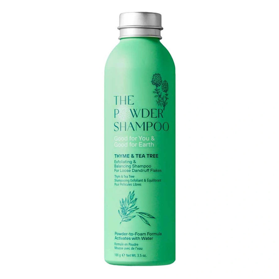 aluminium bottle of exfoliating and balancing thyme and tea tree powder shampoo 