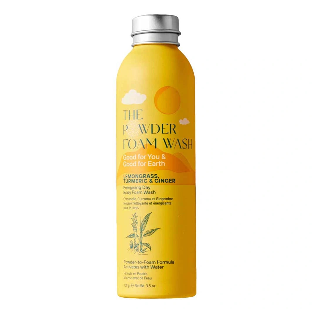 the powder foam wash energising body wash in a yellow aluminium can 