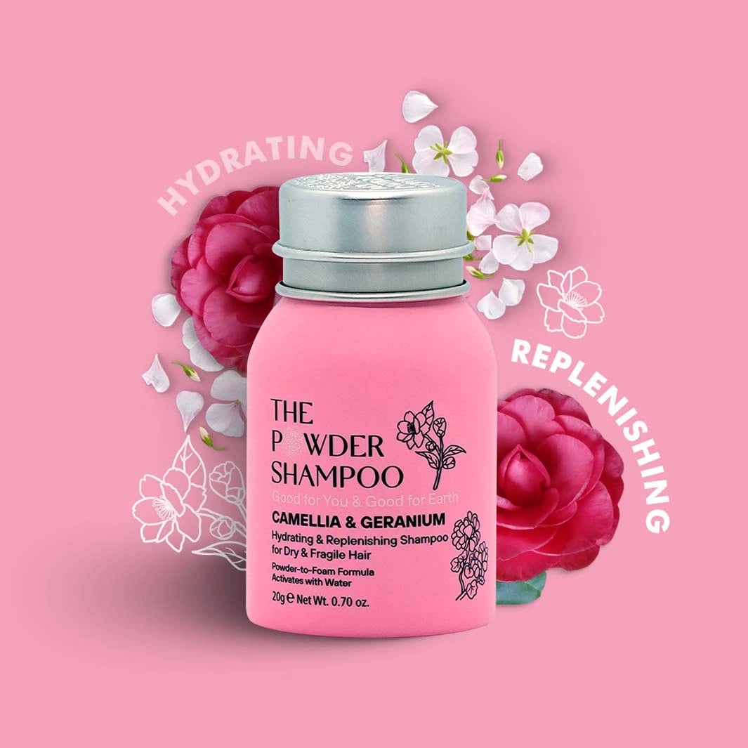 the powder shampoo hydrating and replenishing shampoo for dry and fragile hair in a 20g travel size pink aluminium bottle