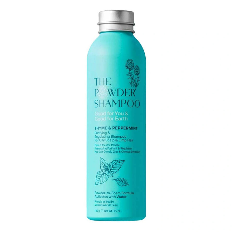 thyme and peppermint purifying and regulating powder shampoo in a turquoise aluminium bottle