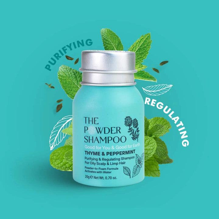 travel size thyme and peppermint purifying and regulating powder shampoo in a turquoise aluminium bottle