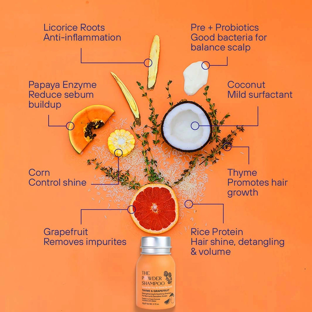 ingredients graphic for the thyme and grapefruit strengthening and soothing powder shampoo 