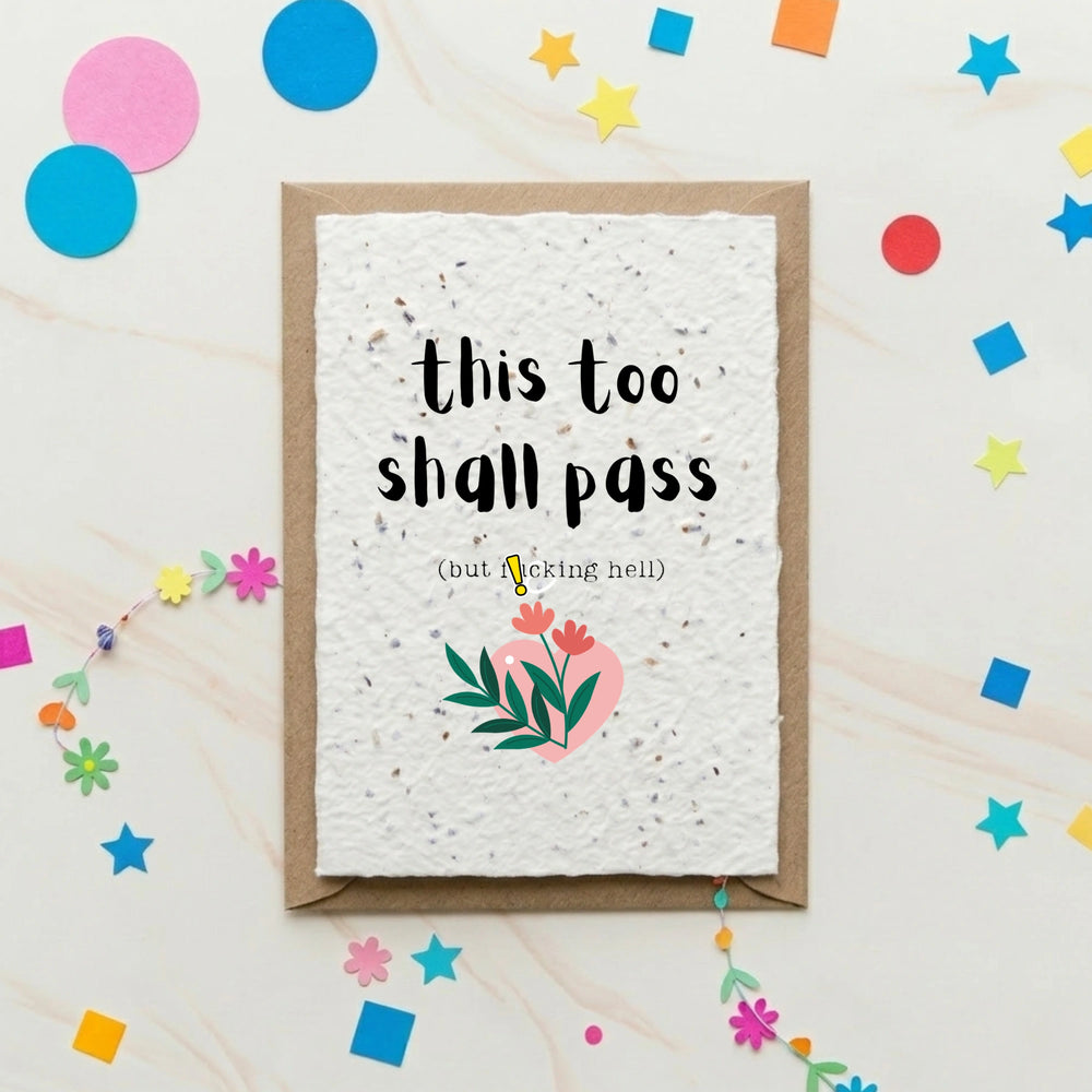 Motivational card with text 'this too shall pass' on a colorful confetti background