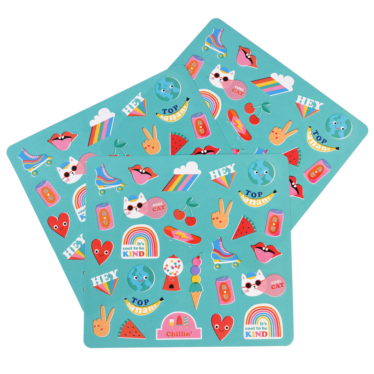 3 sheets of colourful stickers with various designs including rainbows, hearts, ice creams and cats on a blue background