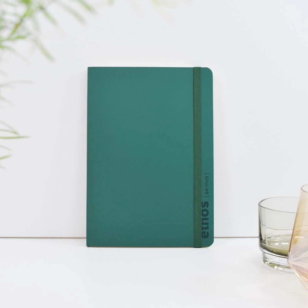 emerald green a5 leather notebook with an elastic fastening