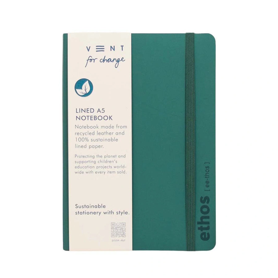 emerald green a5 leather notebook with an elastic fastening