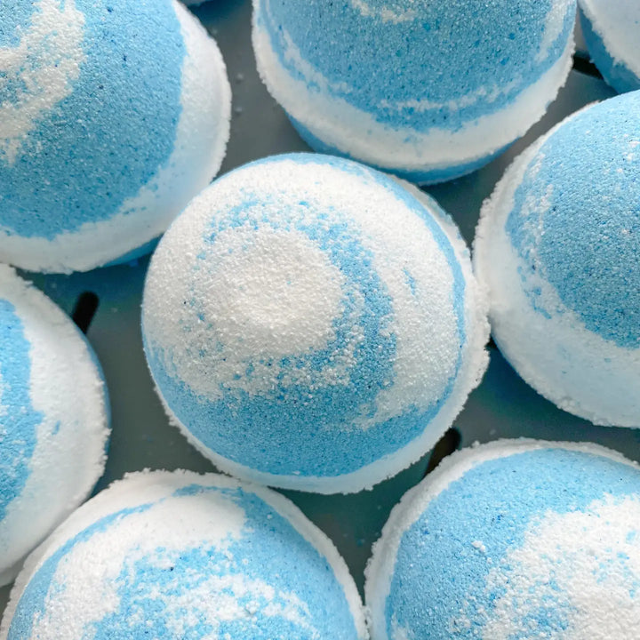 blue and white sphere shaped bath bombs  close up