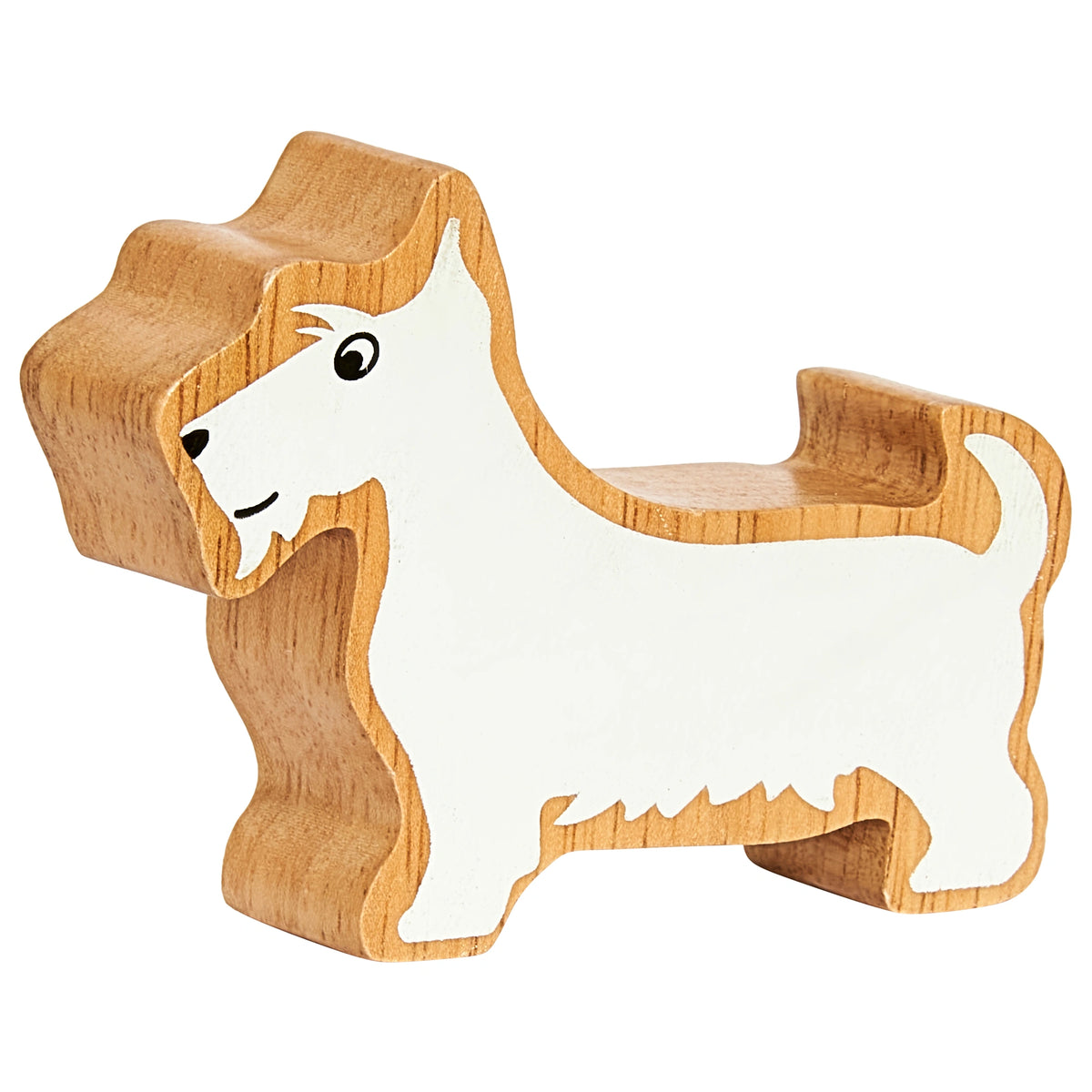 Wooden white scottie dog toy with a white body and brown outline on a white background