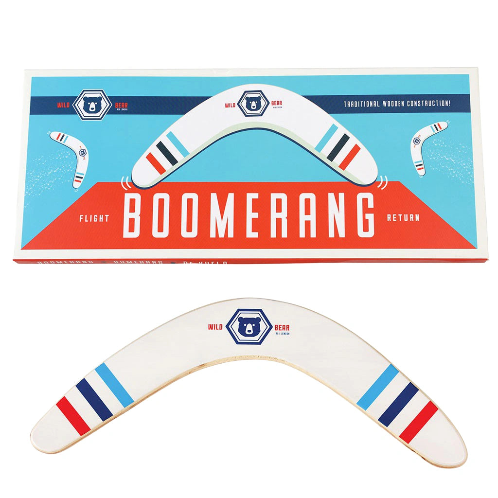 Rex London Wild Bear Wooden Boomerang with blue and red retro style gift box