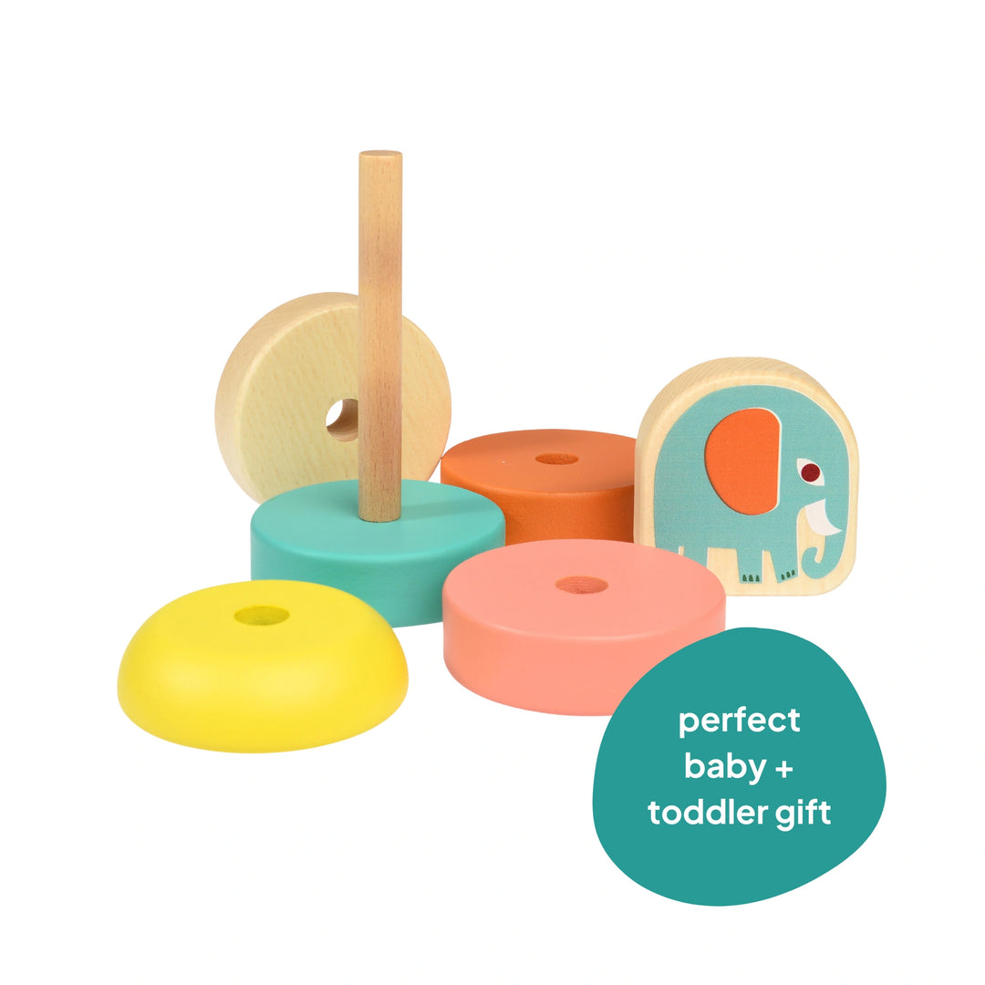Colorful wooden toy with elephant design on a white background 'perfect baby + toddler gift' logo in the corner of the image