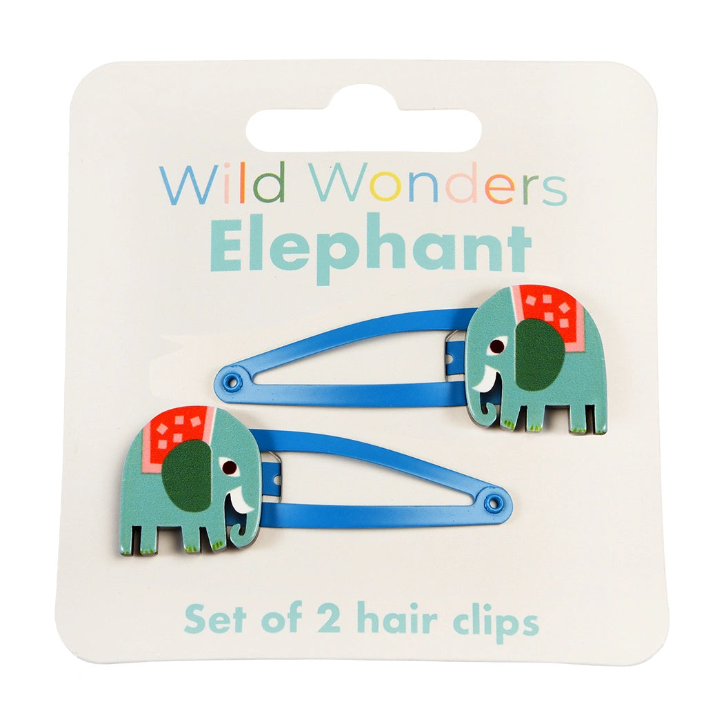 two blue and green elephant hair clips for children on a white backing card. perfect for party bags and stocking fillers.