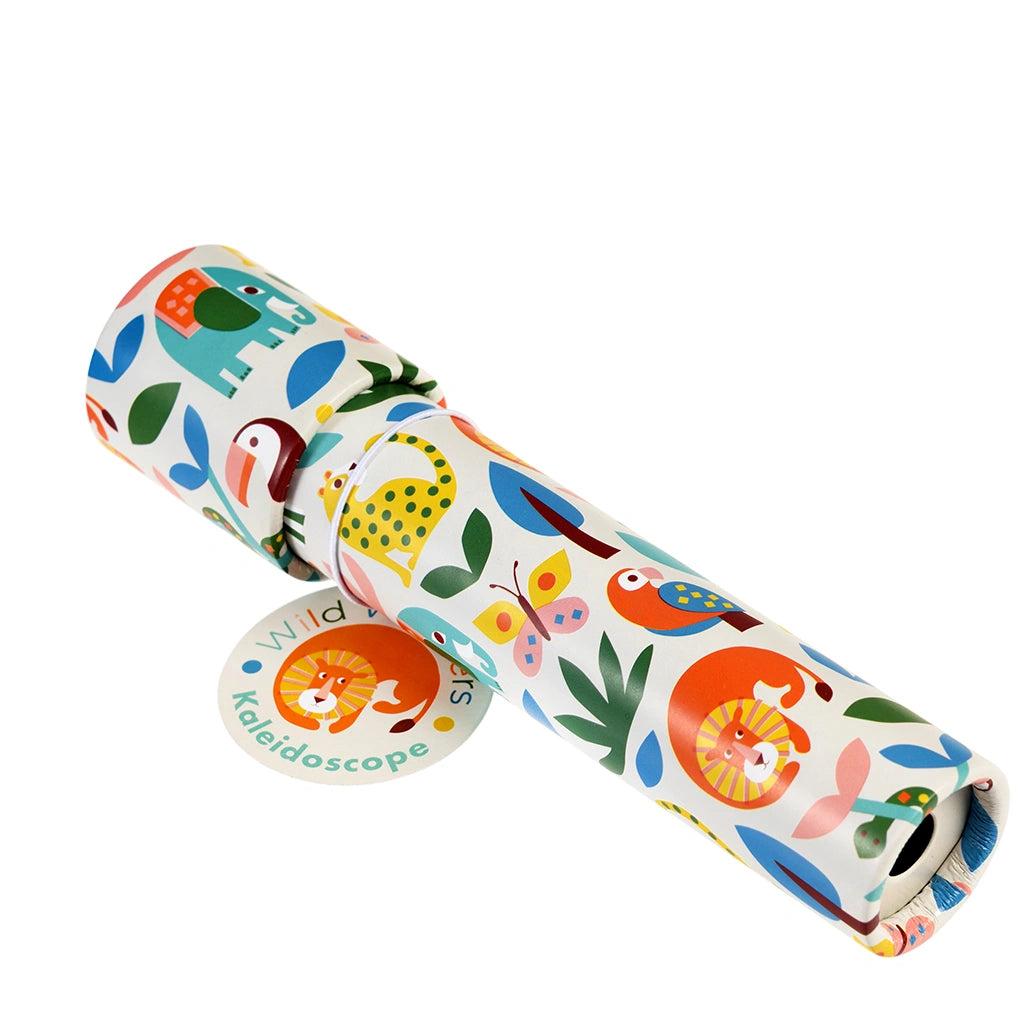 Colourful kaleidoscope toy with animal and nature-themed wild wonders design on a white background