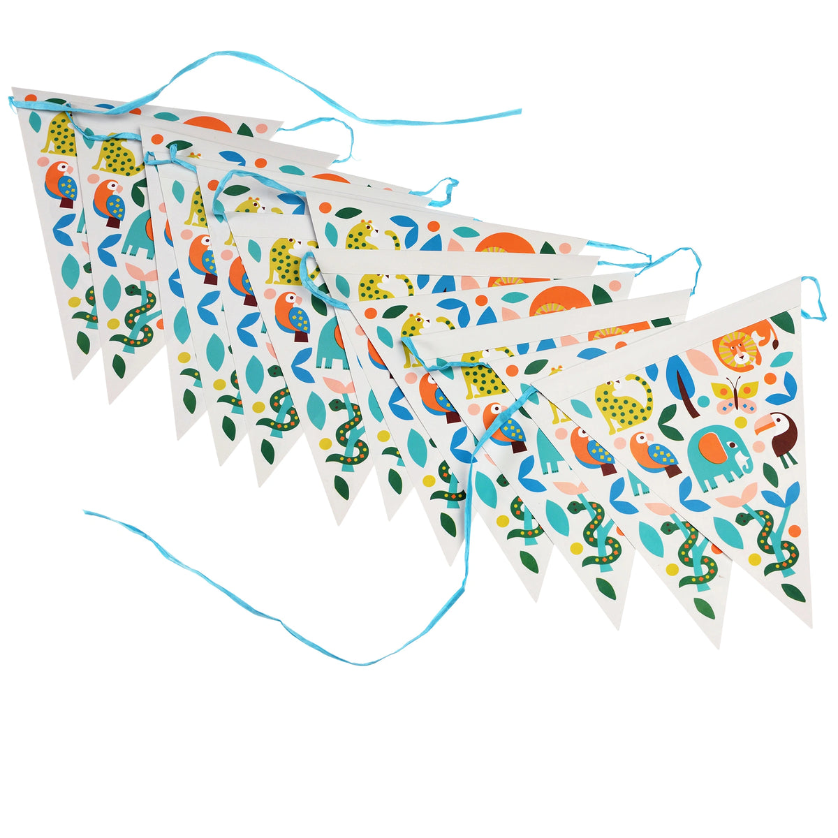 wild wonders party bunting with a colourful scandi style animal print on a white background. 