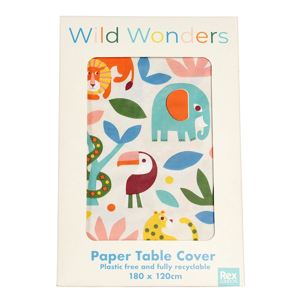 wild wonders paper table cover with colourful animal print in a retro style. Recyclable and plastic free.