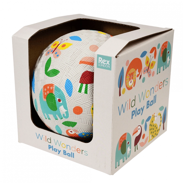 white rubber play ball for toddlers with cute retro animal designs. The ball is suitable for babies and toddlers and comes in a matching gift box. 