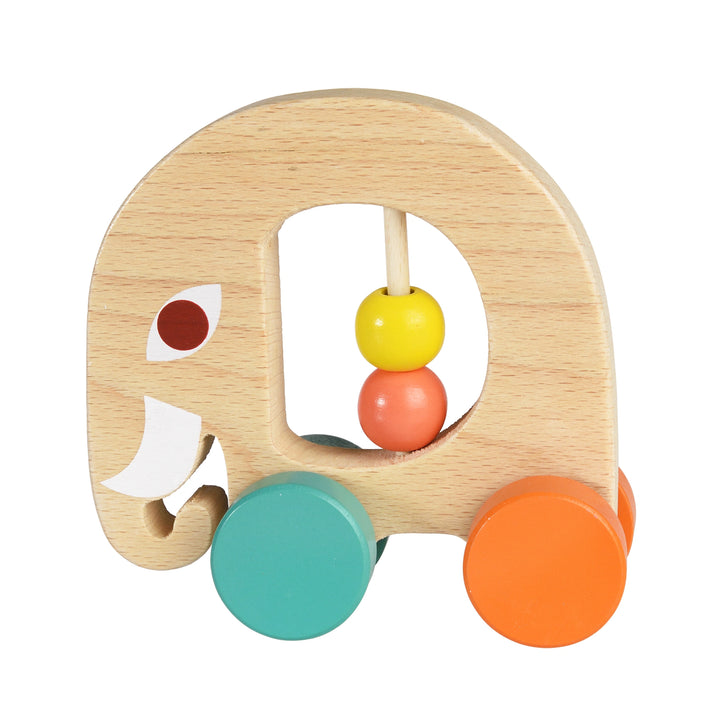 Wooden toy elephant with colourful beads and wheels on a white background