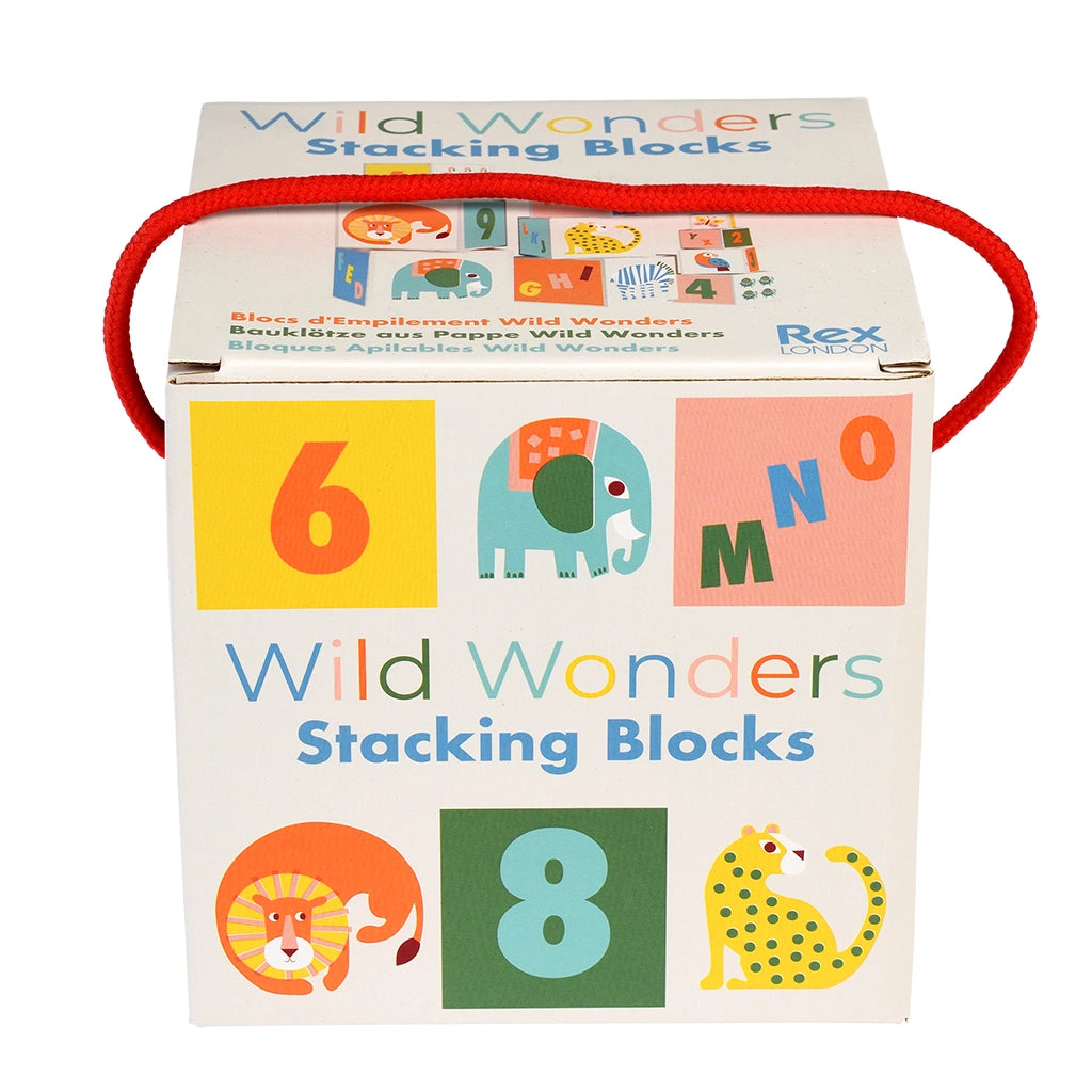 Box of Wild Wonders stacking blocks with colorful designs and text.