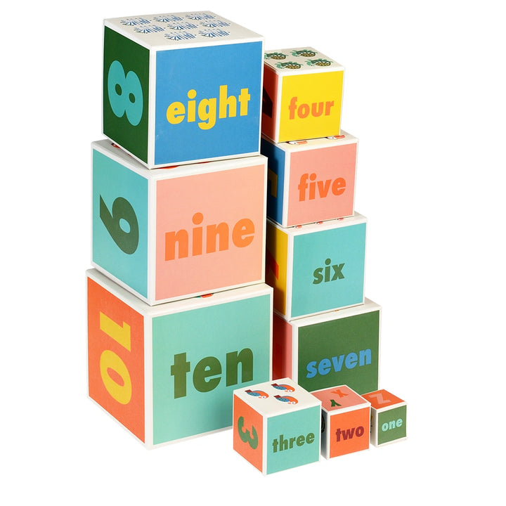 Colourful wild wonders number blocks stacked on a white background