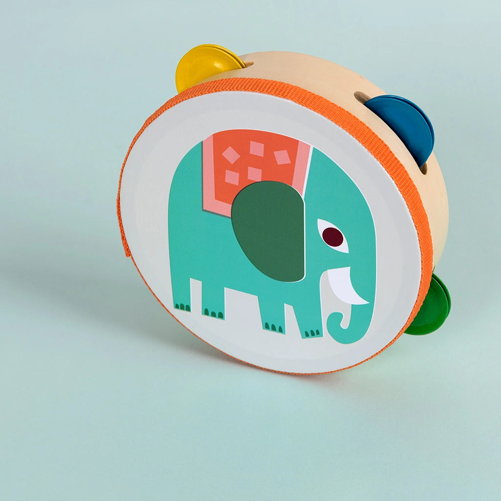 Wooden tambourine for children with retro colourful elephant design, orange trim and coloured metal cymbals. 