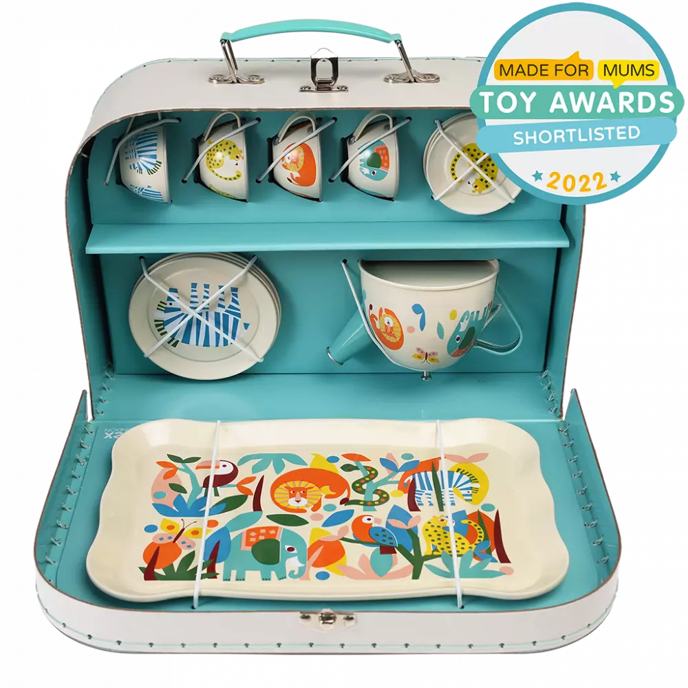 wild wonders tea party set inside the storage case with a blue interior