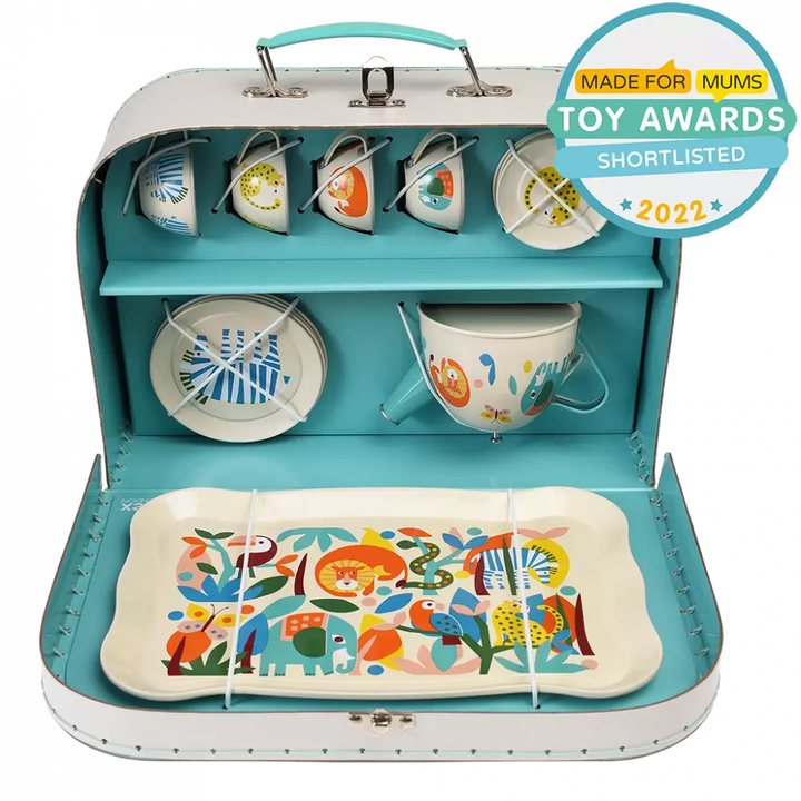 wild wonders tea party set inside the storage case with a blue interior