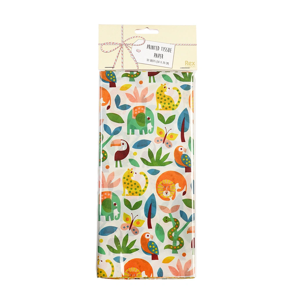 pack of 10 sheets of tissue paper for gift wrapping. Features a colourful wild wonders animal print 