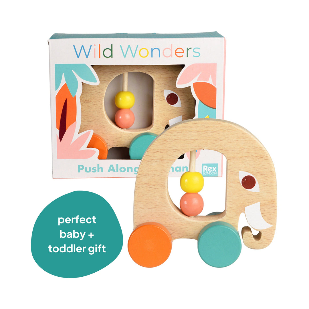 Wooden push along toy with colorful beads and wheels, displayed in front of its colourful gift box packaging.