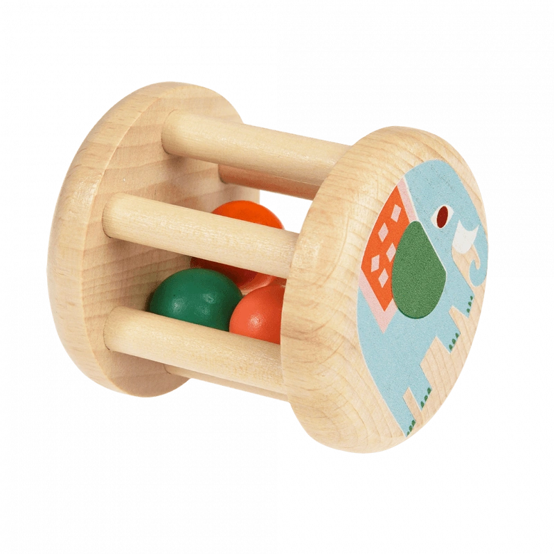 wooden rolling rattle for babies and toddlers with retro animal designs. The rattle features an elephant and lion design painted on each end and has three colourful wooden balls inside that rattle when baby shakes or rolls it. Suitable from birth. 