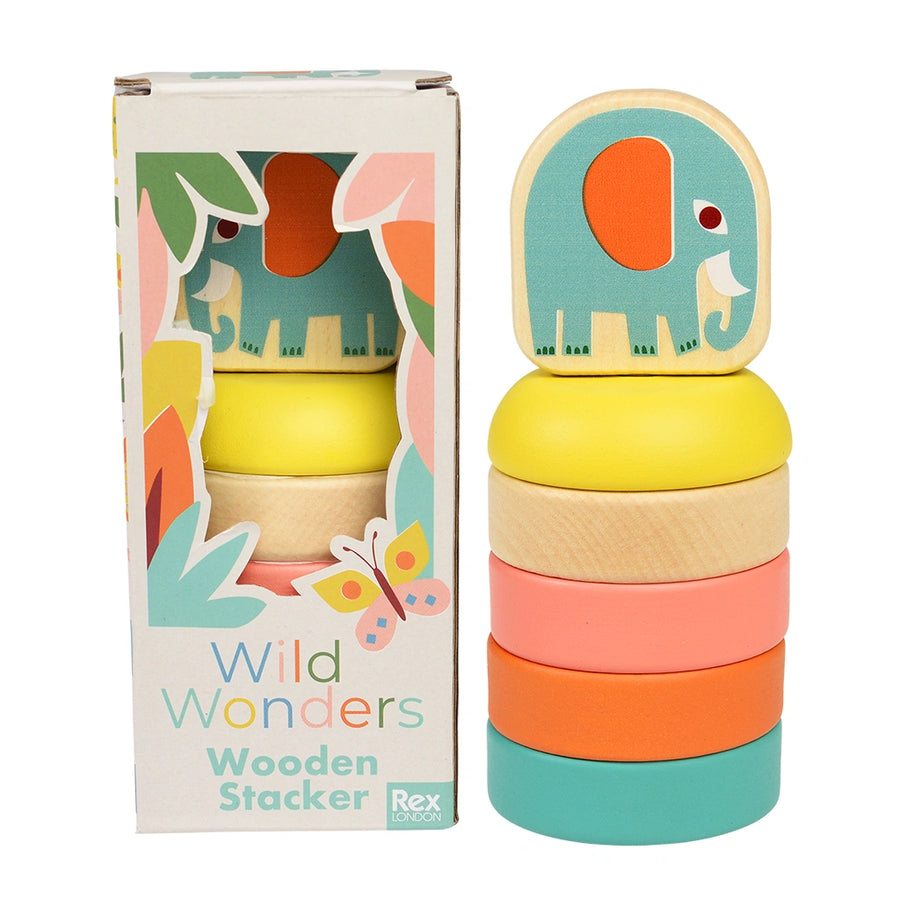 Colourful wooden stacking toys with an elephant design on top, next to its gift box packaging.