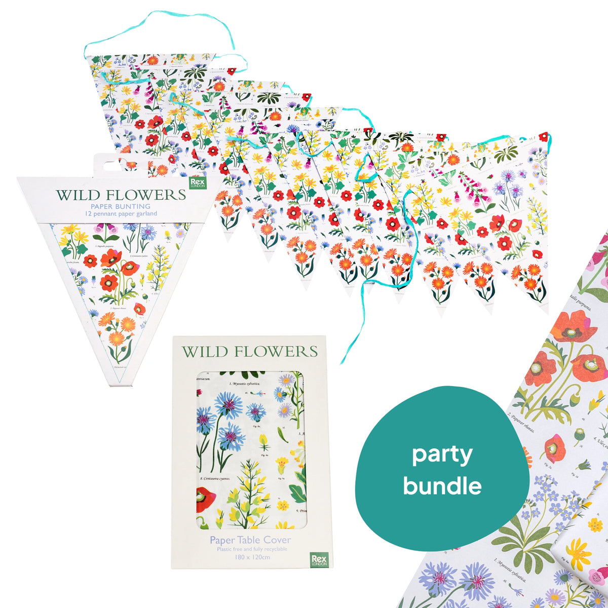 Wild flowers party bundle with bunting and tableware on a white background