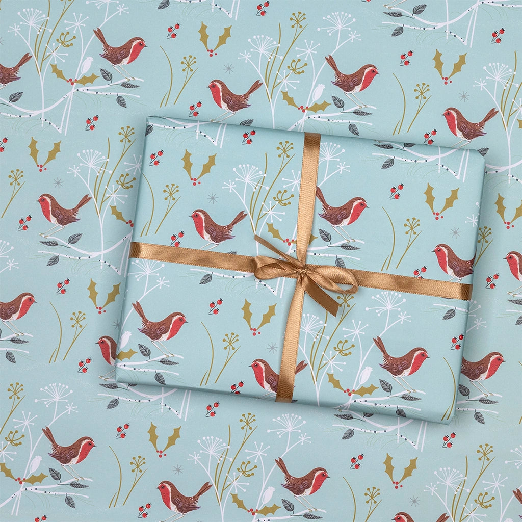 Gift wrap with robin bird and nature pattern on a light blue background