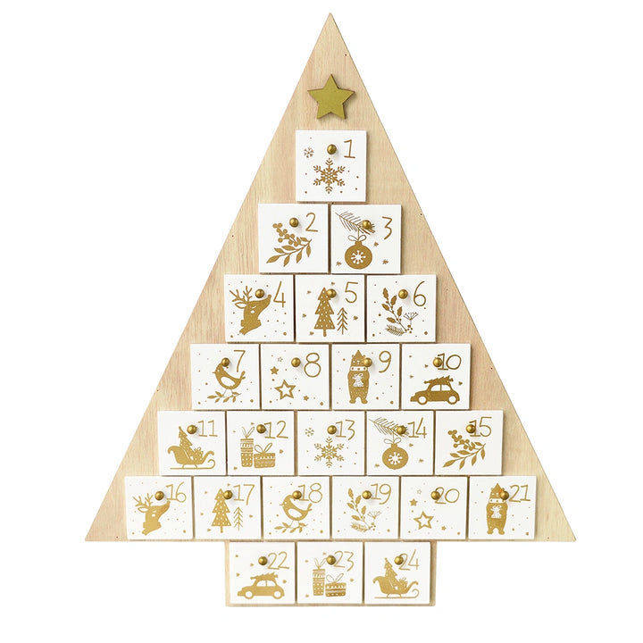 Wooden advent calendar shaped like a Christmas tree with white panels featuring numbers and gold illustrations.