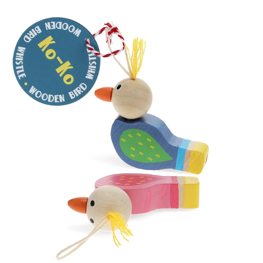 Colourful bird-shaped toy whistle with a blue label on a white background