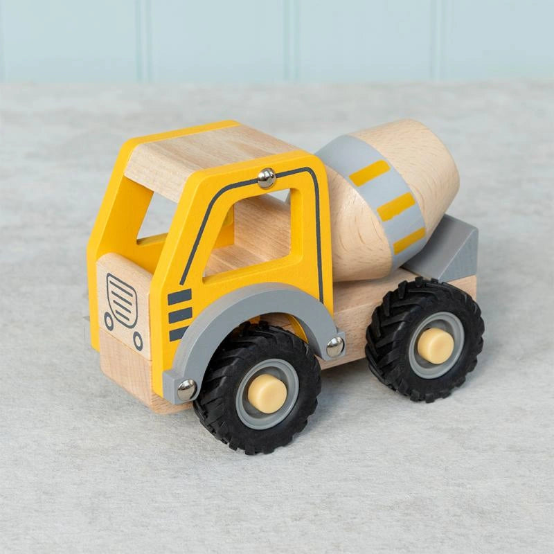 Yellow Wooden Cement Mixer Push Along Vehicle with rubber tyres. Suitable for children aged 12 months and over.