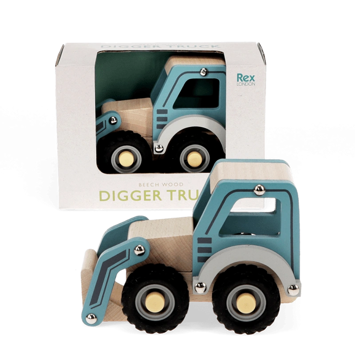 Blue Wooden Digger Push Along Vehicle with rubber tyres in a gift box. For children aged 12 months and over.