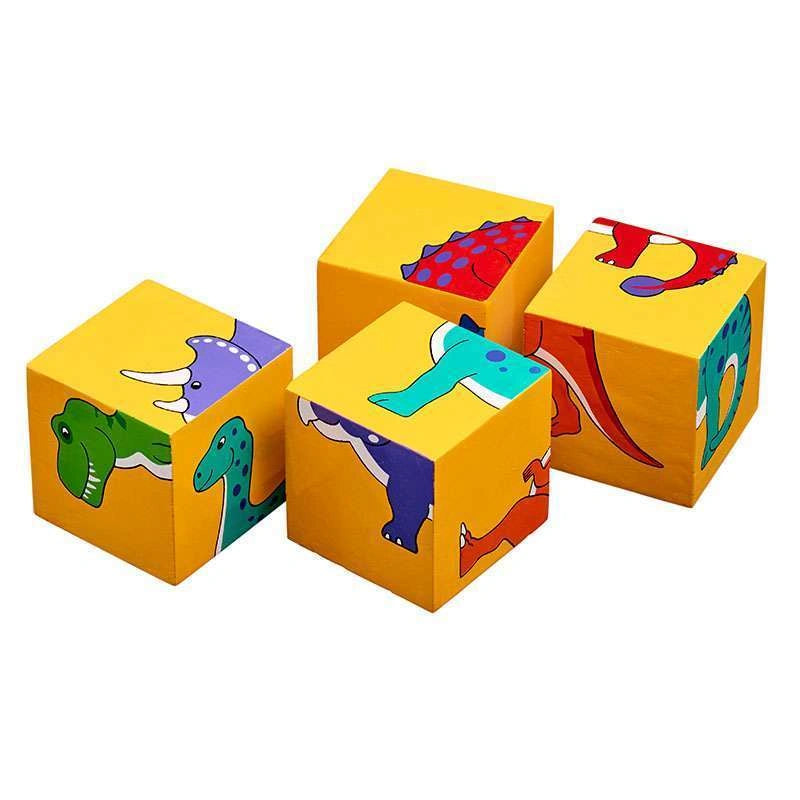 four bright yellow wooden blocks with painted dinosaur designs