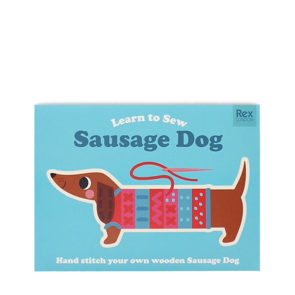 Wooden Sausage Dog Learn to Sew Kit in gift box - perfect for kids' birthdays and special occasions"