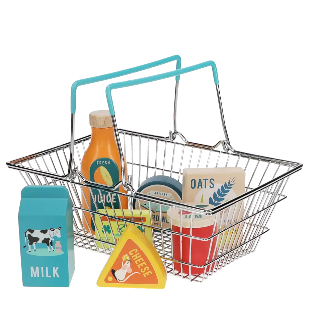 Wooden Shopping Playset with wooden play food in a modern style and a metal shopping basket. For children over 3 years. 