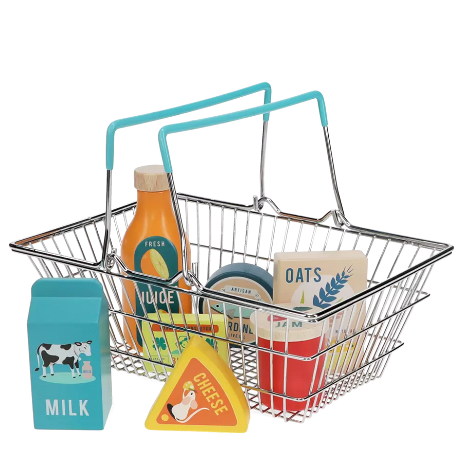 Wooden Shopping Playset with wooden play food in a modern style and a metal shopping basket. For children over 3 years. 