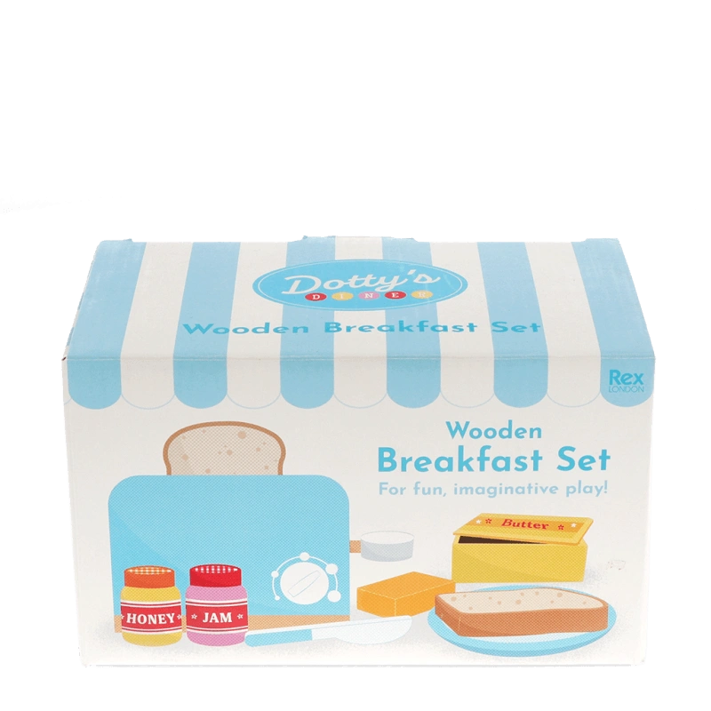 rex london kids wooden toaster playset in a blue and white gift box