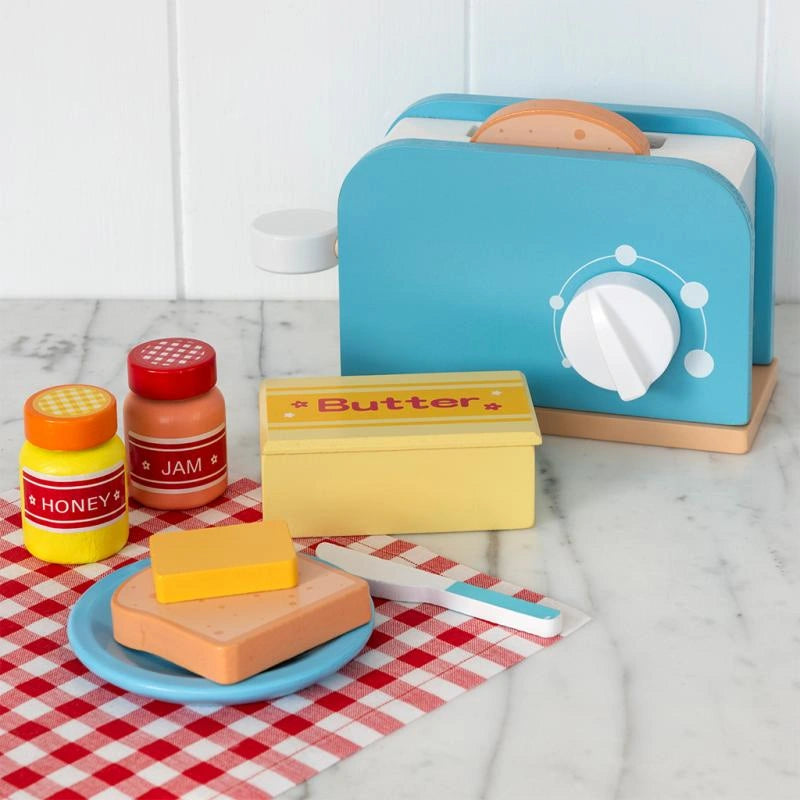 children's Wooden Toaster Playset which includes a retro style blue toaster, wooden pots of honey and jam, a slice of bread, pat of butter, knife and plate. For age 12 months and over 