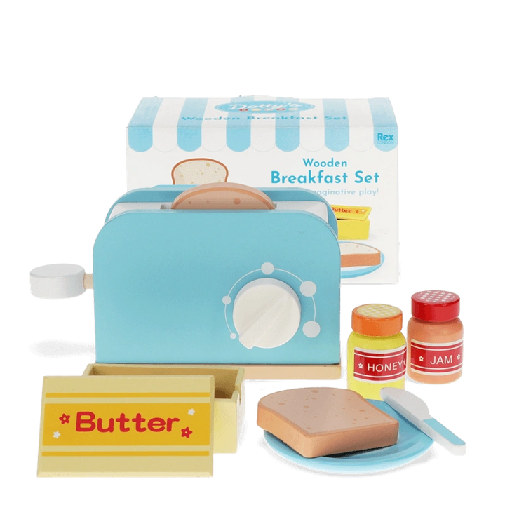 children's Wooden Toaster Playset which includes a retro style blue toaster, wooden pots of honey and jam, a slice of bread, pat of butter, knife and plate. For age 12 months and over 