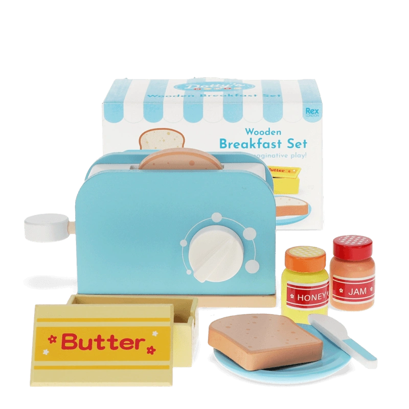 children's Wooden Toaster Playset which includes a retro style blue toaster, wooden pots of honey and jam, a slice of bread, pat of butter, knife and plate. For age 12 months and over 