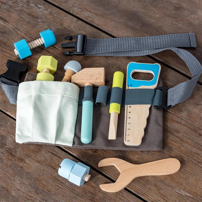 children's wooden tools and tool belt including a wooden hammer, saw, screwdriver, chisel and a selection on nuts and bolts. The tools are natural wood with blue and green details and the tool belt is dark grey with an adjustable waist. for kids aged 3 and over. 